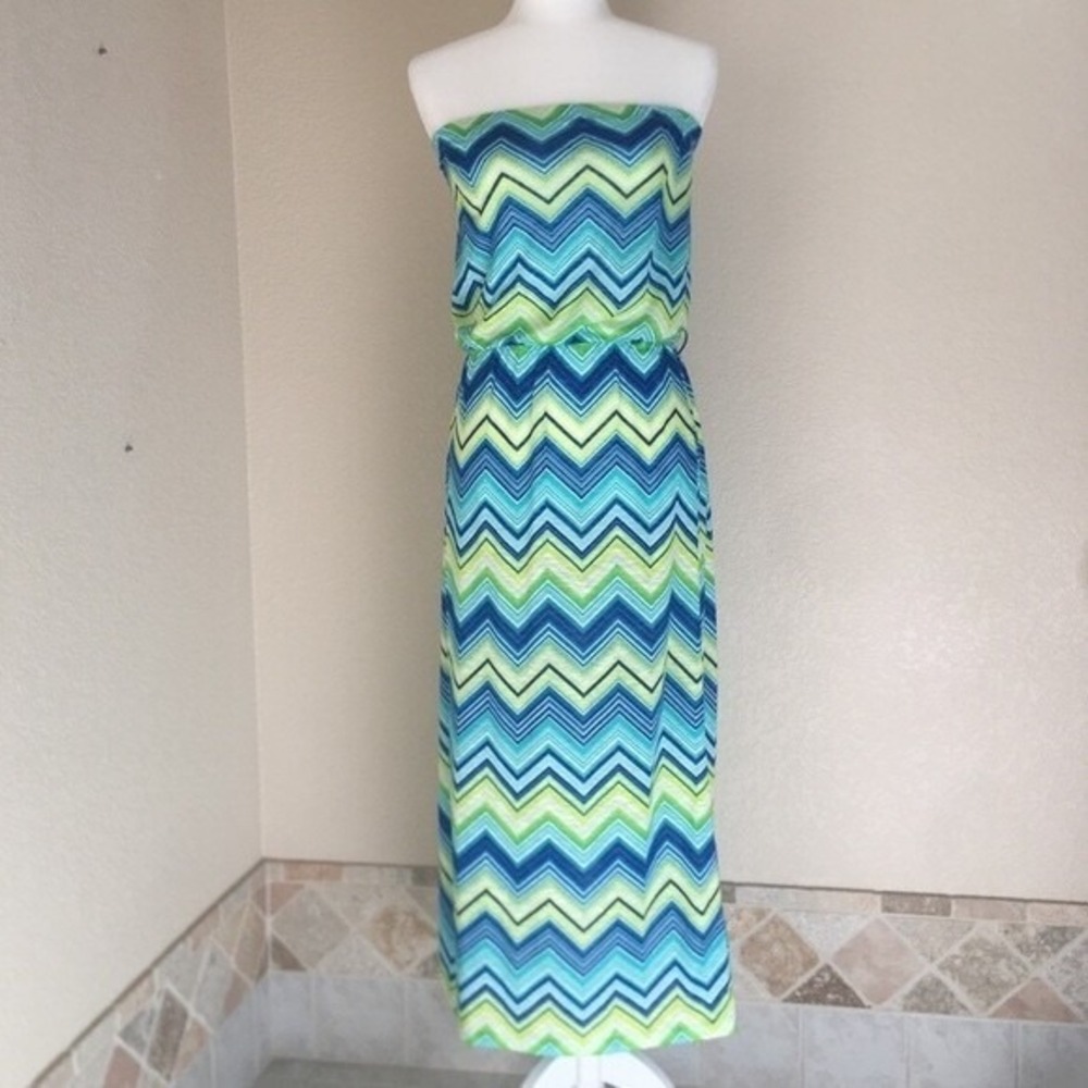 Lily Bleu Strapless‎ Chevron Maxi Casual Dress Neon Striped Belted, Size L